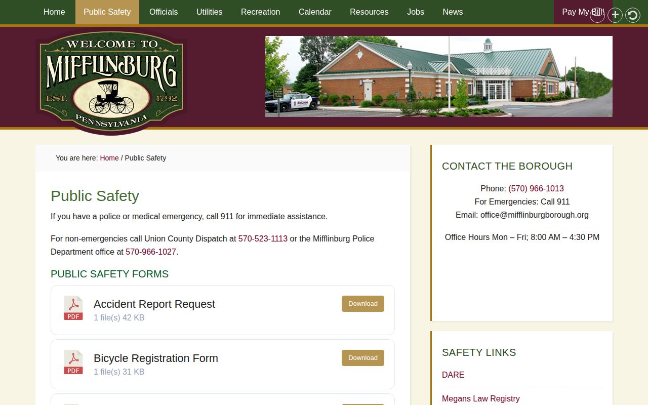 Union County Mifflinburg police records public safety page