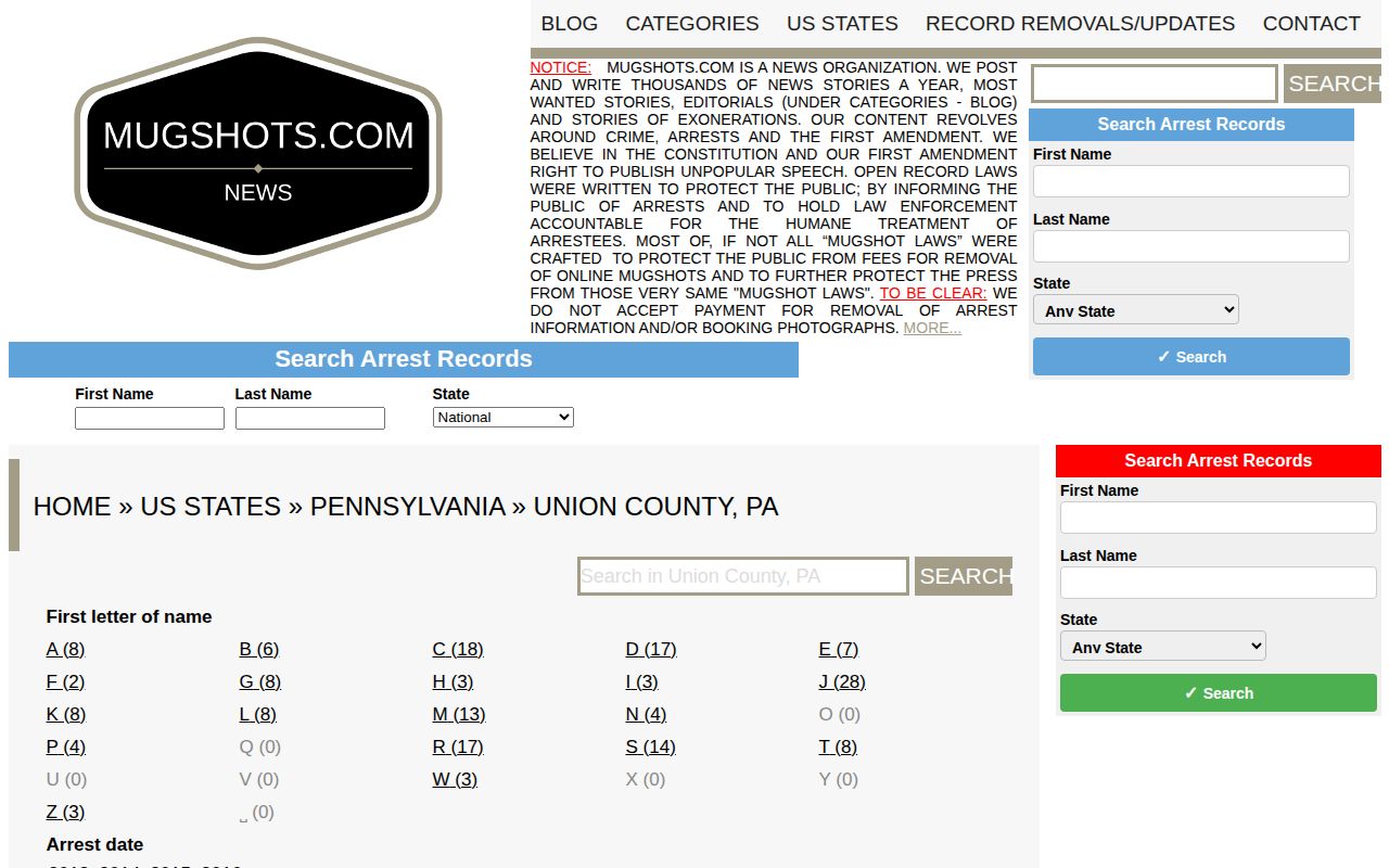 Union County historical mugshot record aggregation screen